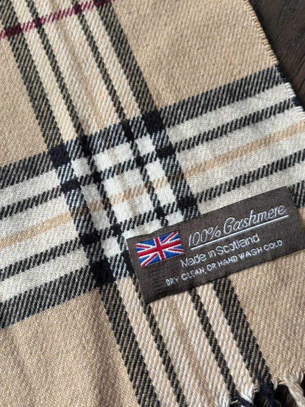 Vintage 100% Cashmere Beige, Black, White & Red Plaid Scarf  Tartan pattern